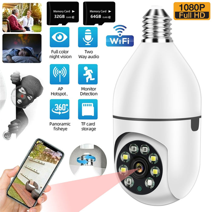 Cámara de vigilancia E27 con enchufe de bombilla LED, luz de seguridad con WiFi de 360 °, foco de 1080P, seguimiento humano automático, visión nocturna