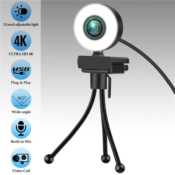 Cámara Web Full HD 4K 2K con micrófono y aro de luz para PC.